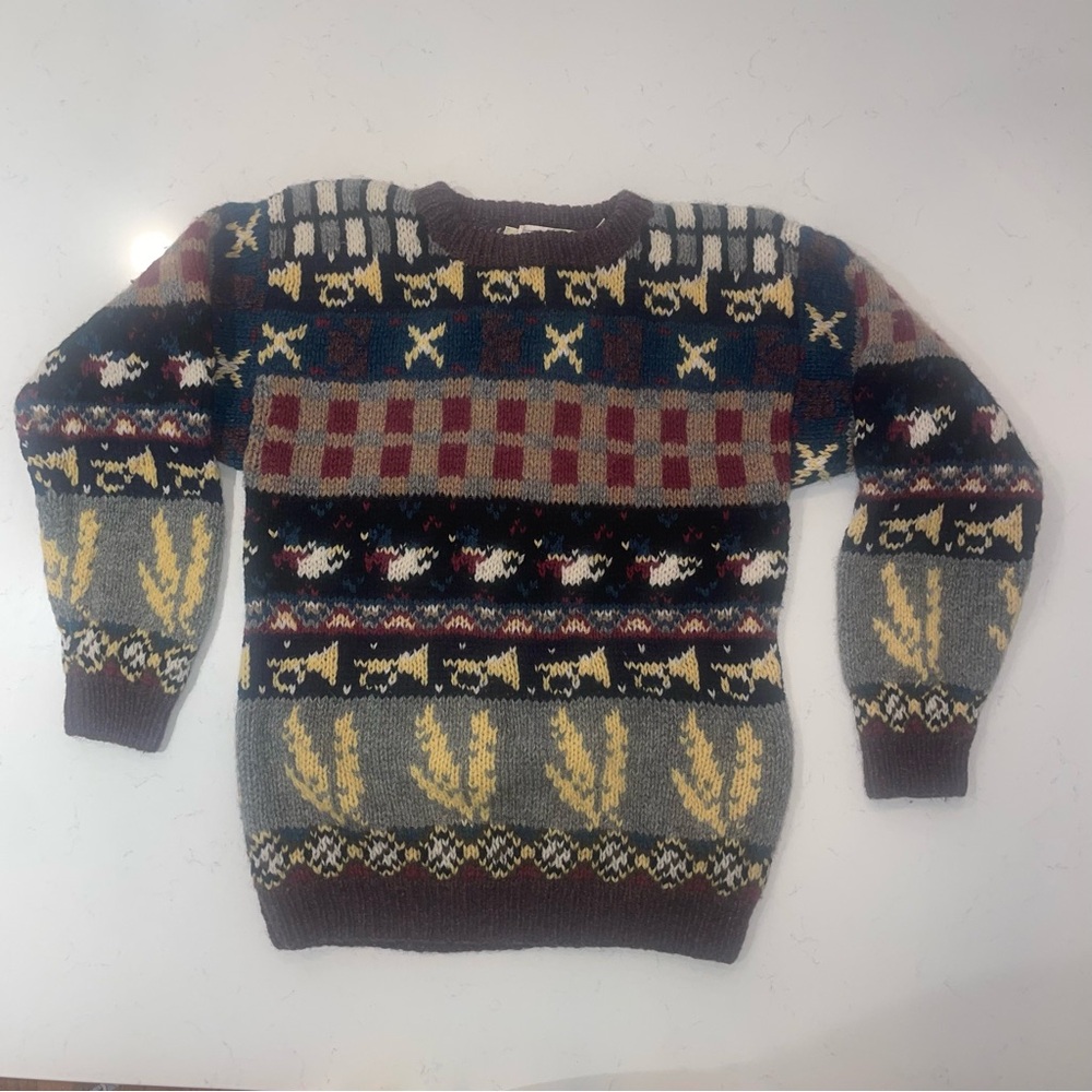 Vintage Women’s Crewneck Sweater Brown Gold Shetland Wool pullover Medium duck
